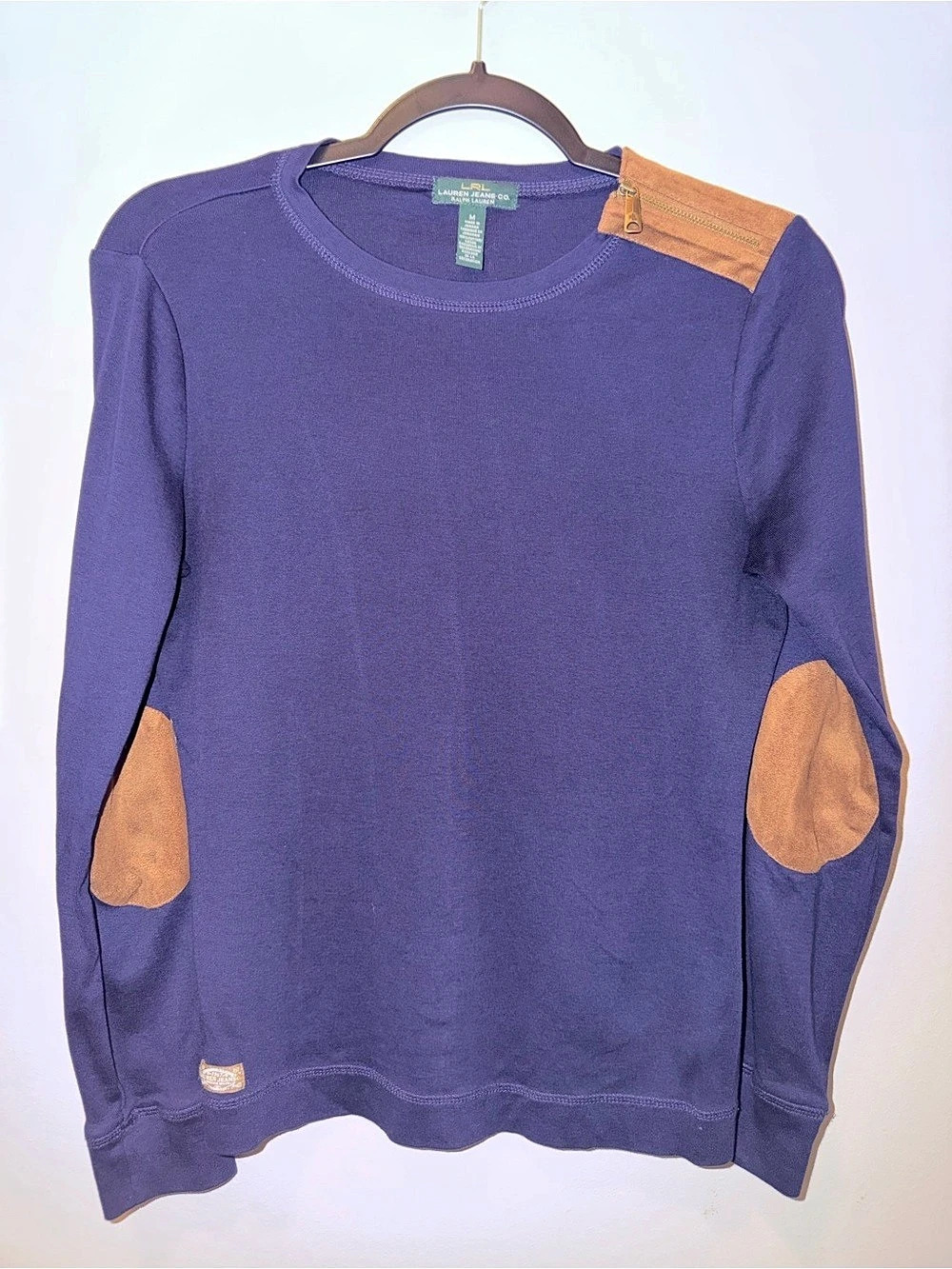 Lauren Jeans Co. Suede Elbow Patch Shoulder Zip Pullover Sweatshirt Blue M